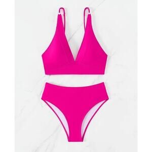 Womens High Waisted Bikini Set‎ Two Piece Cheeky Hot Pink Swimsuit S